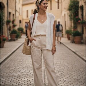 Vintage Lady Anne Open Knit Cardigan Vest Cream French Girl Style XS / S